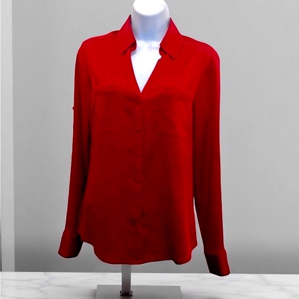 Express Portofino Women's Red Satin Slim Fit Button Down Shirt, Size S